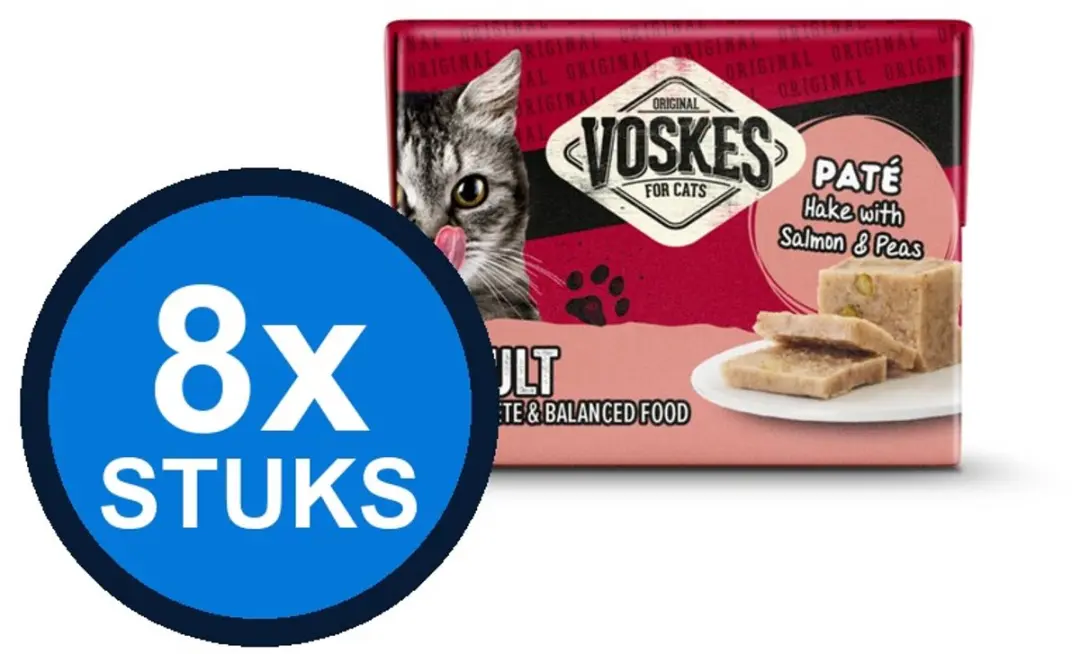 8x Voskes Original Paté Adult Heek Zalm & Erwten Multipack 8x95g