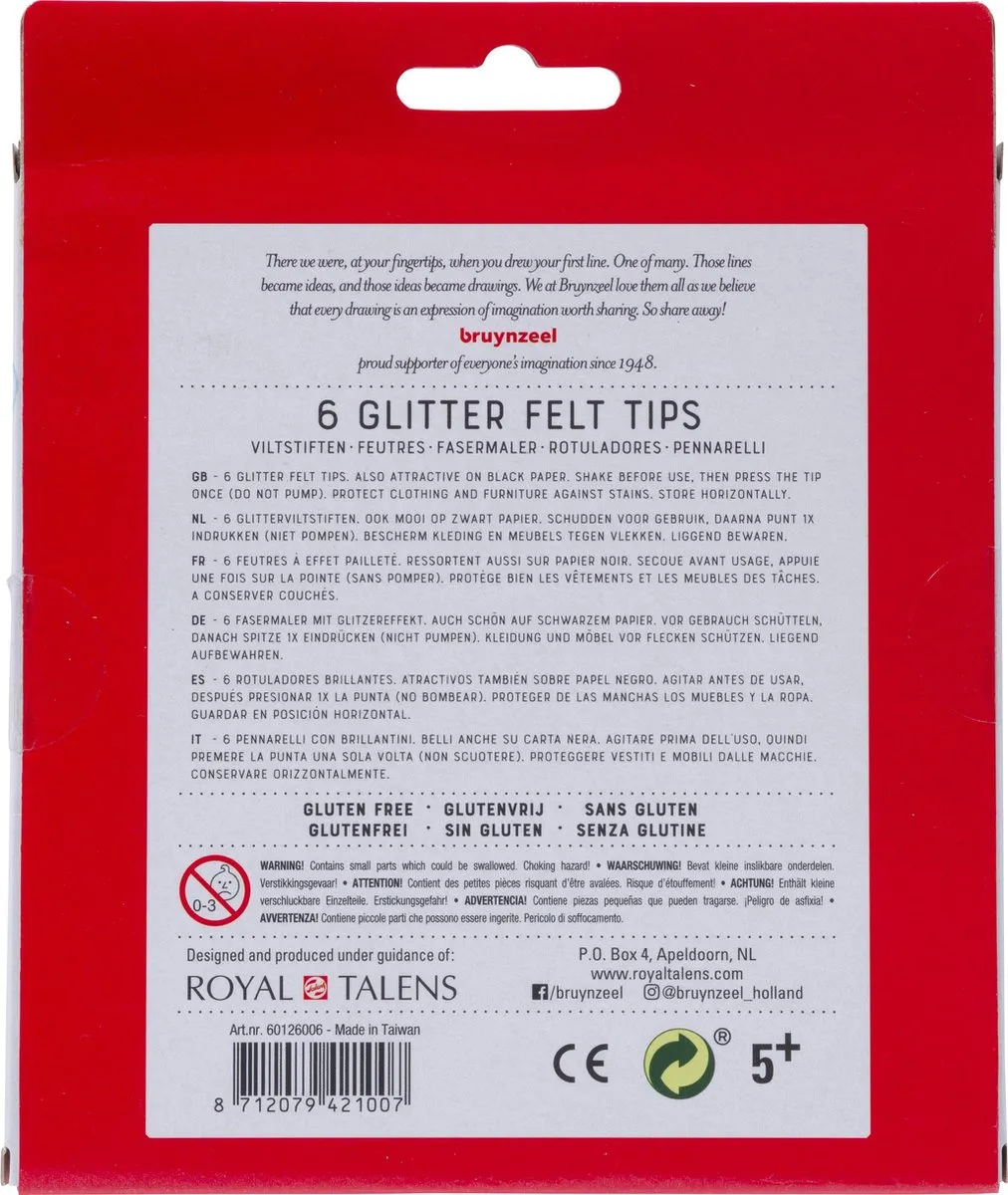 BRUYNZEEL Kids Glitter Viltstiften - 6 Stuks Assorti