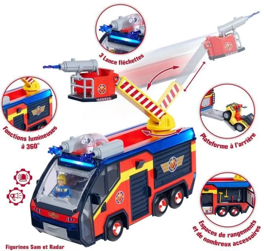Simba Brandweerman Sam Jupiter Brandweerwagen - 2 Beeldjes - Blauw/Rood/Geluiden - afbeelding 3 van 6
