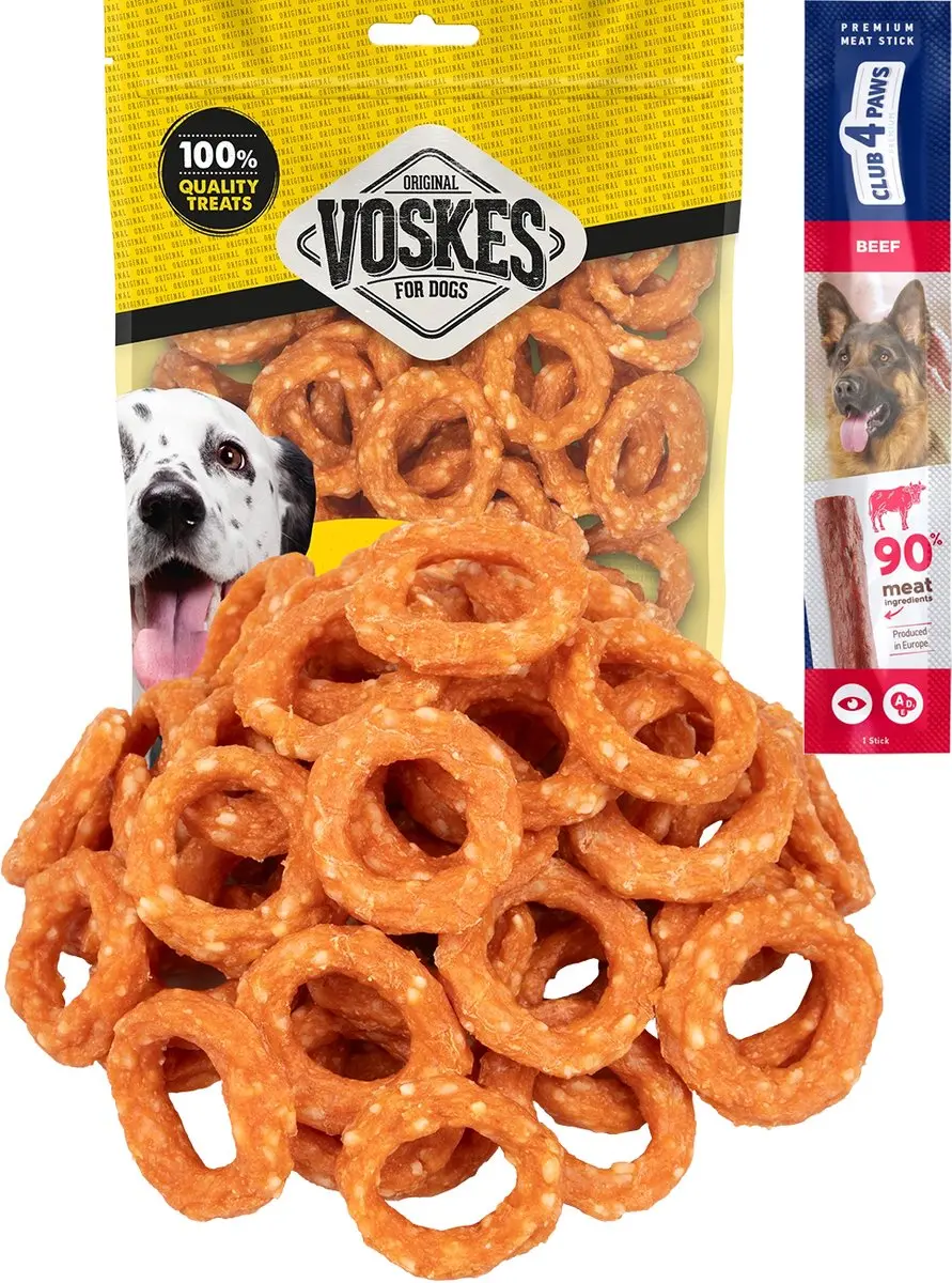 Voskes kip en rijst ringen 2 x 400 gram met gratis Club 4 Paws hondensnack