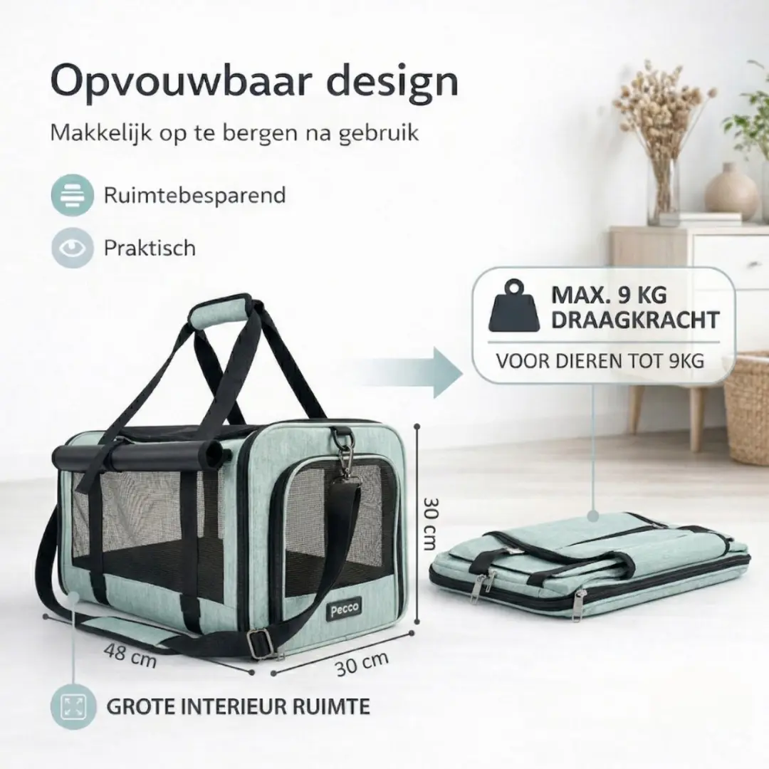 Pecco Draagtas Hond/Kat - Opvouwbaar - Tot 9 kg - 48x30x30cm - Groen