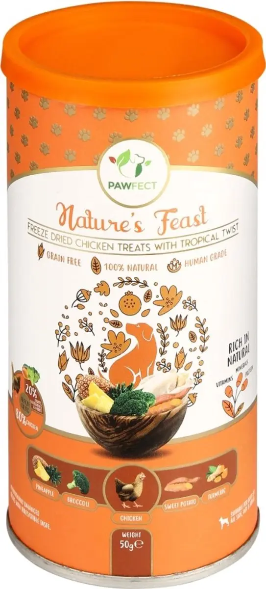 Pawfect Freeze Dried hondensnack Kip en Tropical Twist 50 gr.