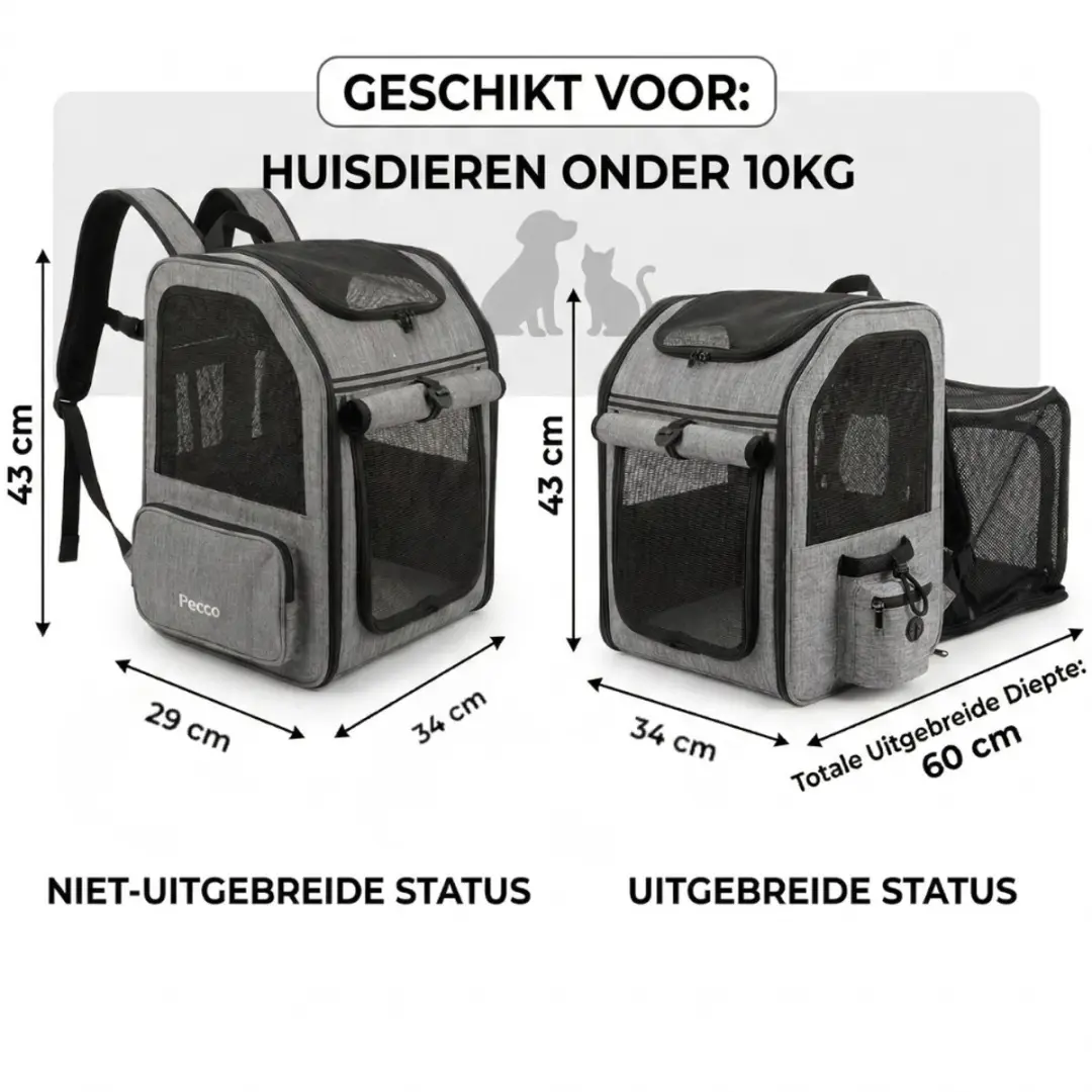 Pecco Uitbreidbare Rugtas voor Honden/Katten tot 8kg - Grijs