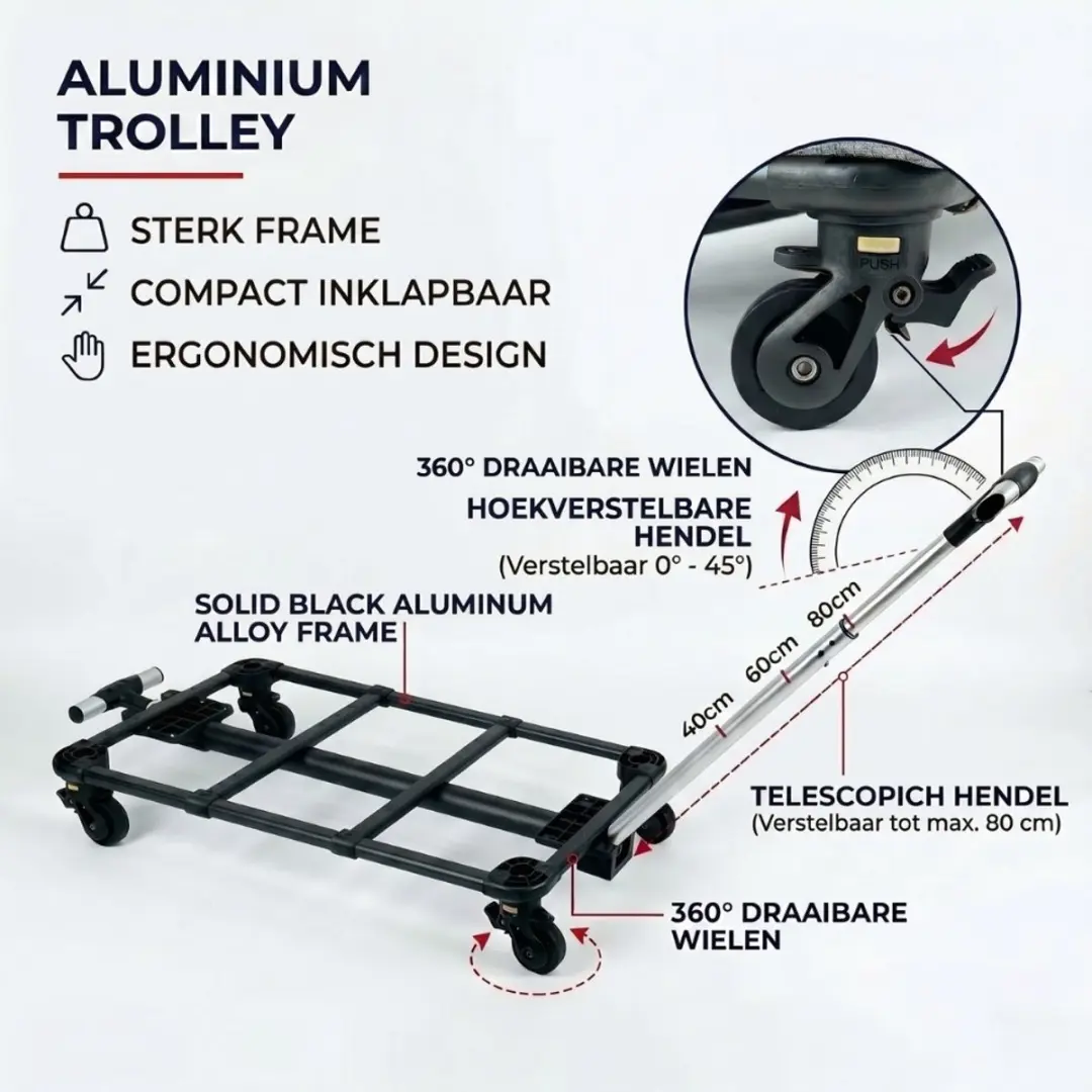 Pecco Reisbench met Trolley - 60x40x42cm - Grijs