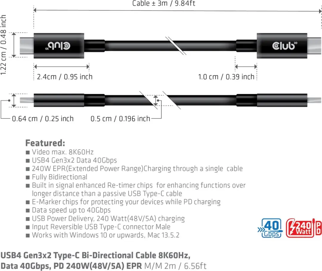 Club 3D USB-C 40Gbps Kabel 8K60Hz/4K120Hz PD 240W EPR 3m - Zwart
