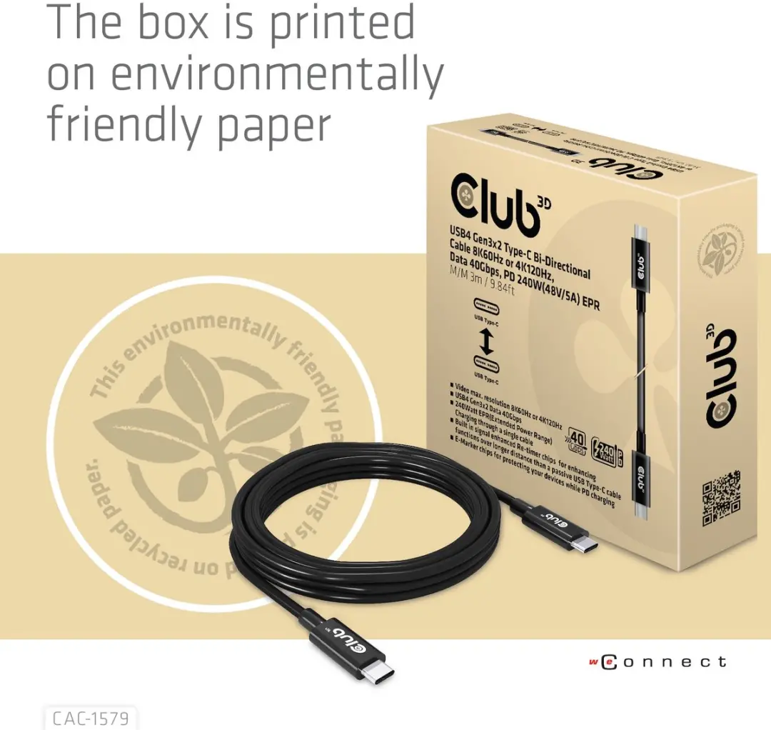 Club 3D USB-C 40Gbps Kabel 8K60Hz/4K120Hz PD 240W EPR 3m - Zwart