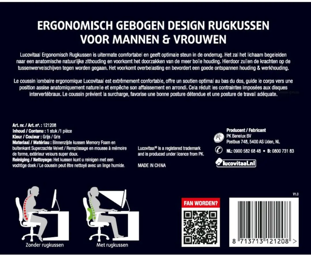 Lucovitaal Ergonomisch Rugkussen 1ST - Grijs - afbeelding 3 van 3