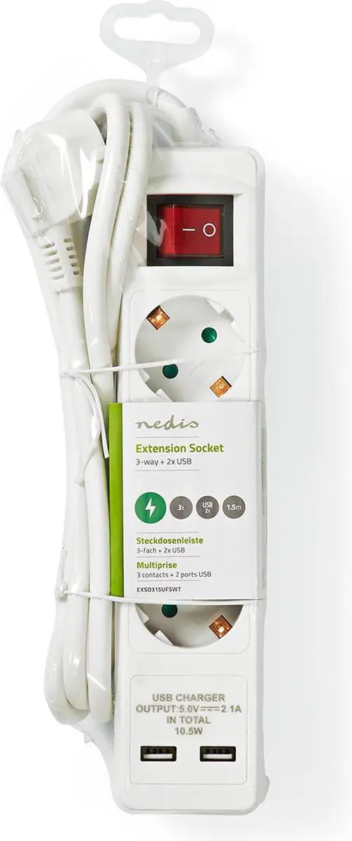 Nedis Stekkerdoos 3-wegs 1.5m 3680W USB - Wit