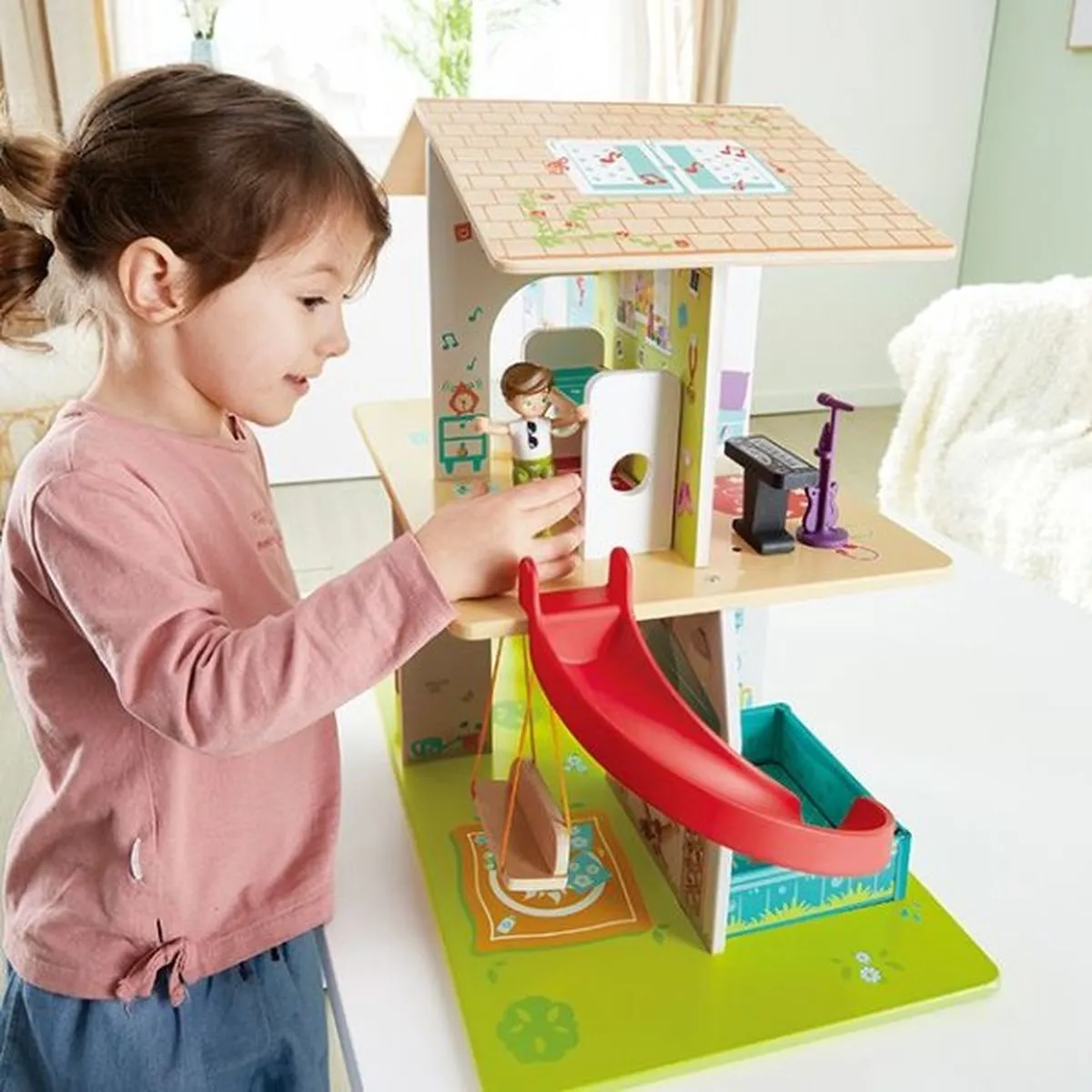 Hape Rock & Slide Huis Geluidseffecten - Poppenhuisaccessoire - 12 Meubels, 4 Poppen - Veelkleurig