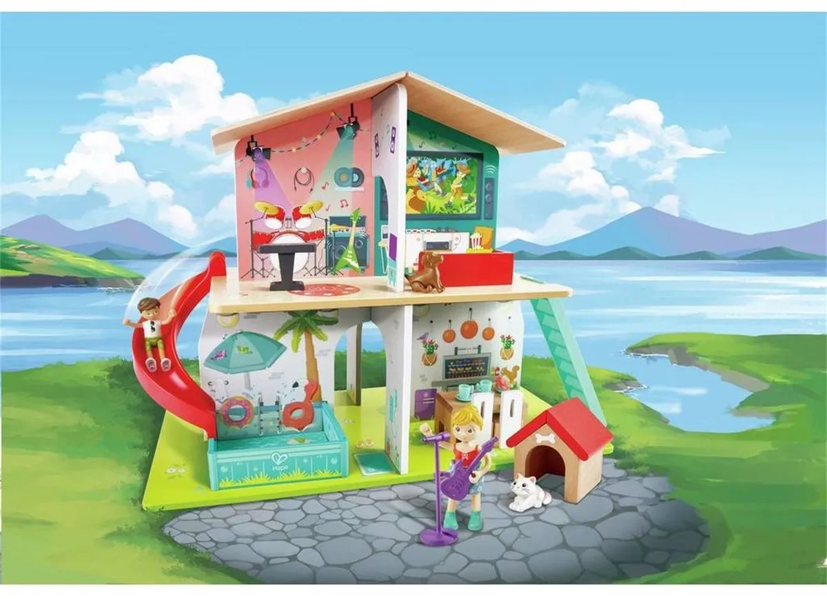 Hape Rock & Slide Huis Geluidseffecten - Poppenhuisaccessoire - 12 Meubels, 4 Poppen - Veelkleurig