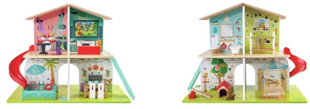 Hape Rock & Slide Huis Geluidseffecten - Poppenhuisaccessoire - 12 Meubels, 4 Poppen - Veelkleurig