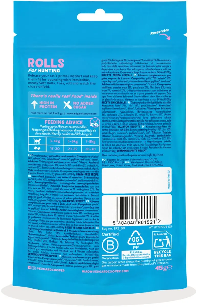 Edgard & Cooper Adult Rolls Kattensnack Zalm - 8x45g - afbeelding 6 van 6