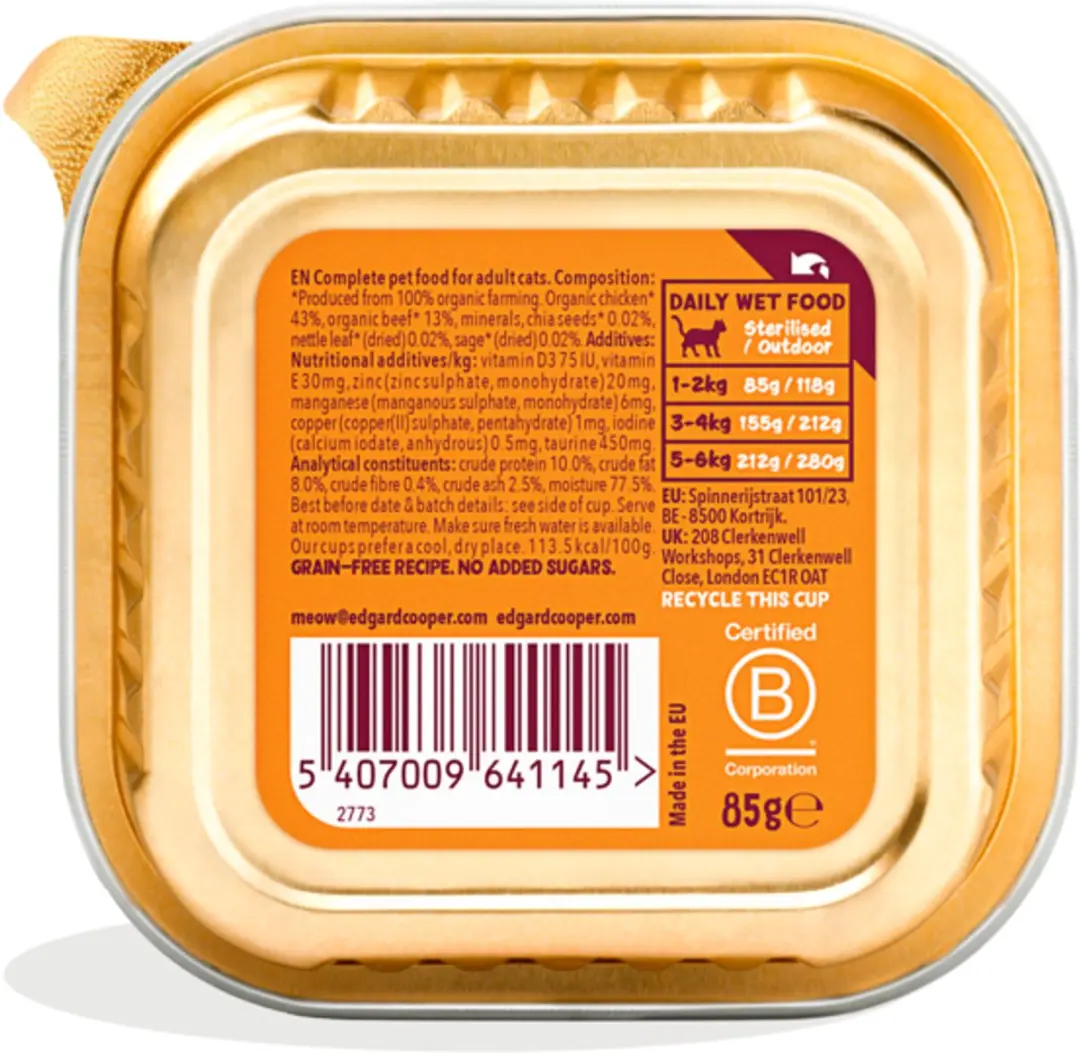 Edgard & Cooper Biologisch Natvoer Gesteriliseerde Kat 85g - 16 Stuks Kip