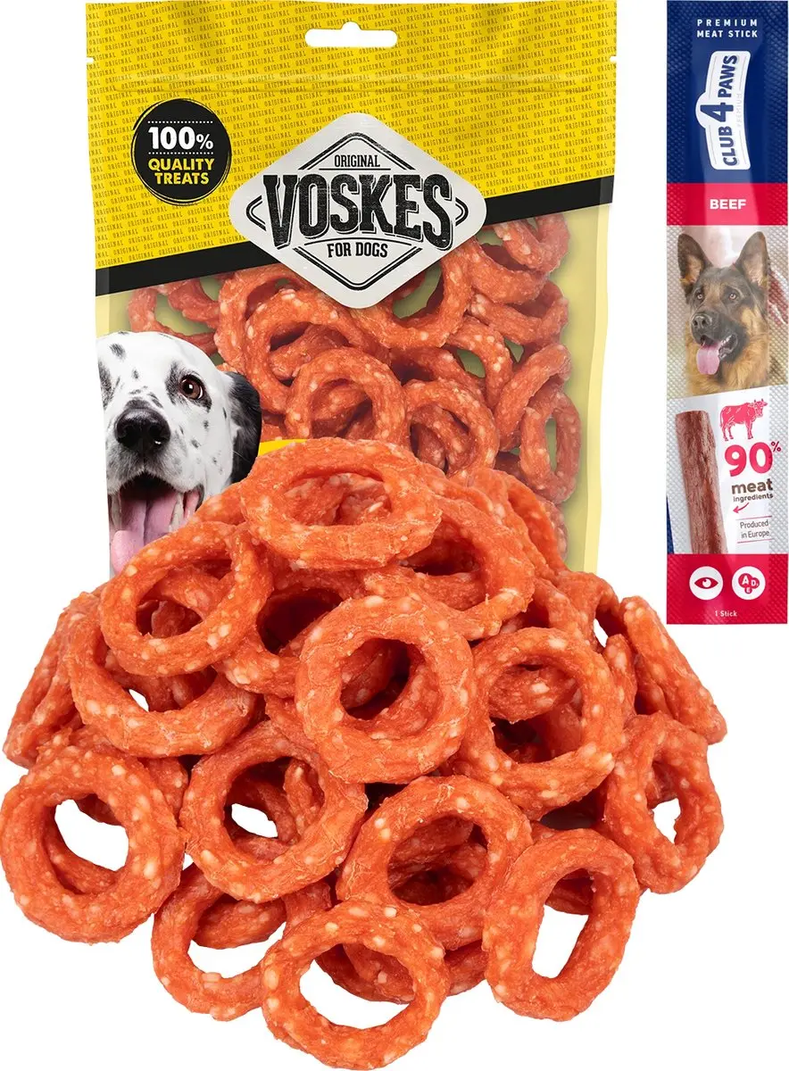 Voskes eend en rijst ringen 2 x 400 gram met gratis Club 4 Paws hondensnack