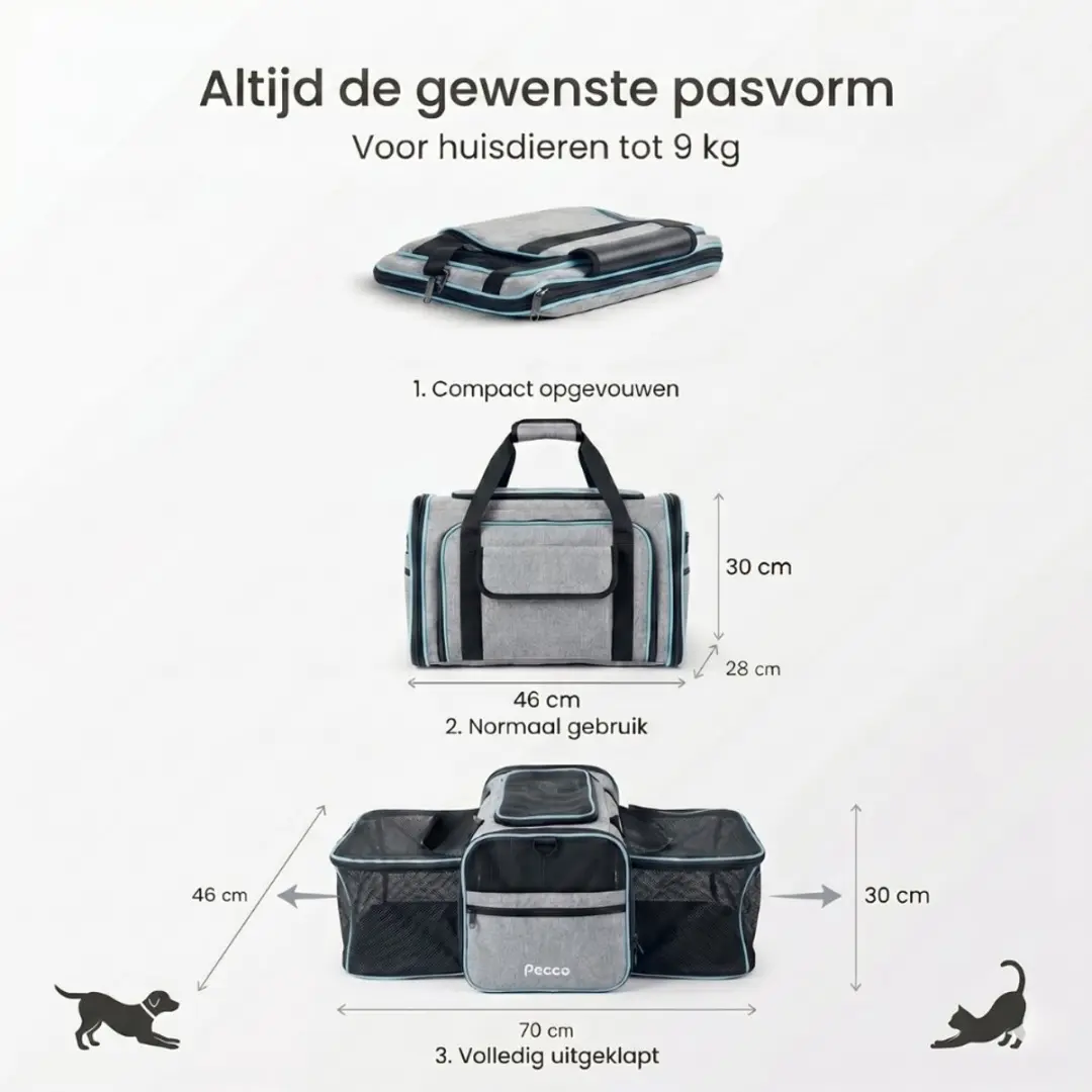 Pecco Uitbreidbare Reismand Kat & Hond - 46x28x30cm - Grijs