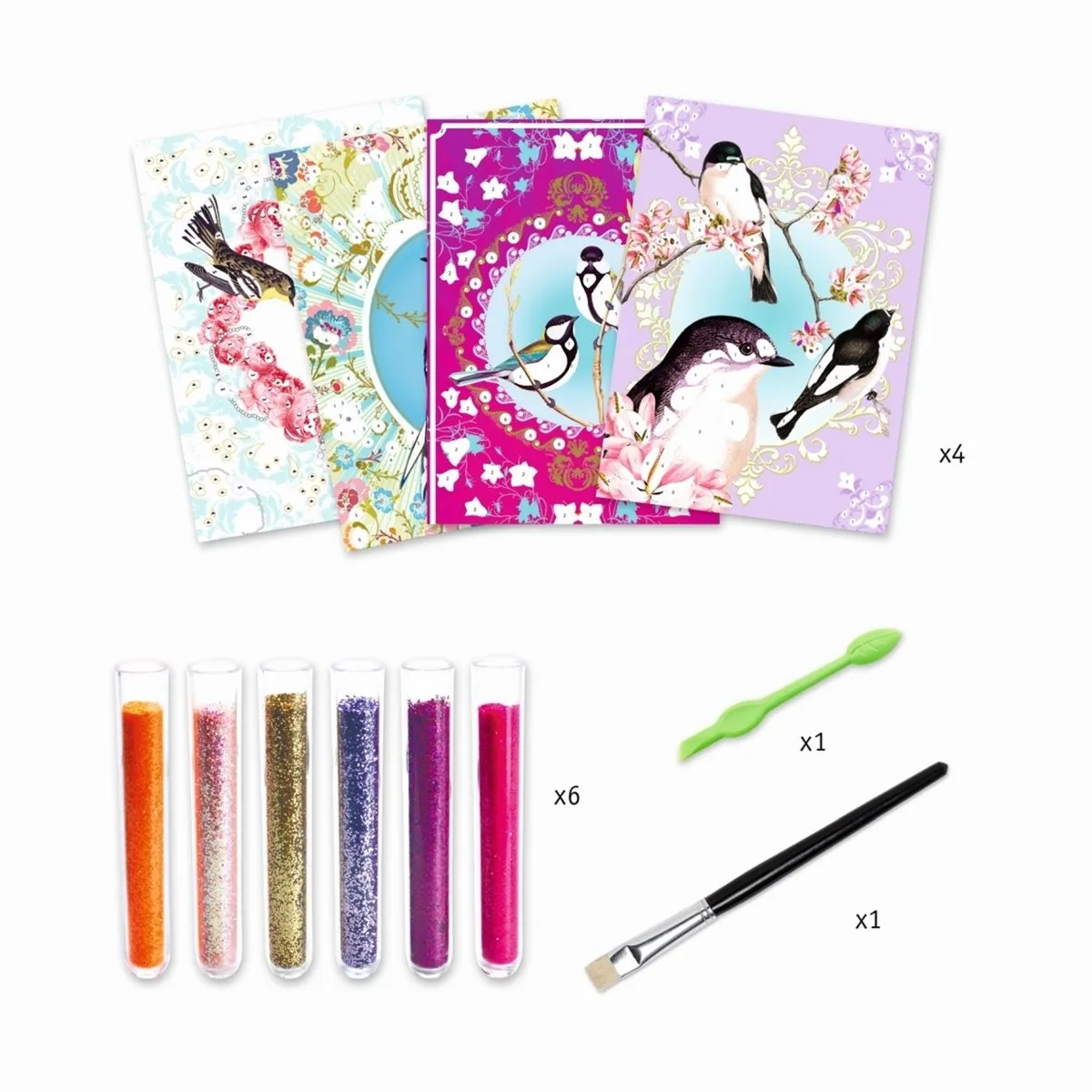Djeco Glitter Birds Schilderkaarten - 4 Stuks Multicolor