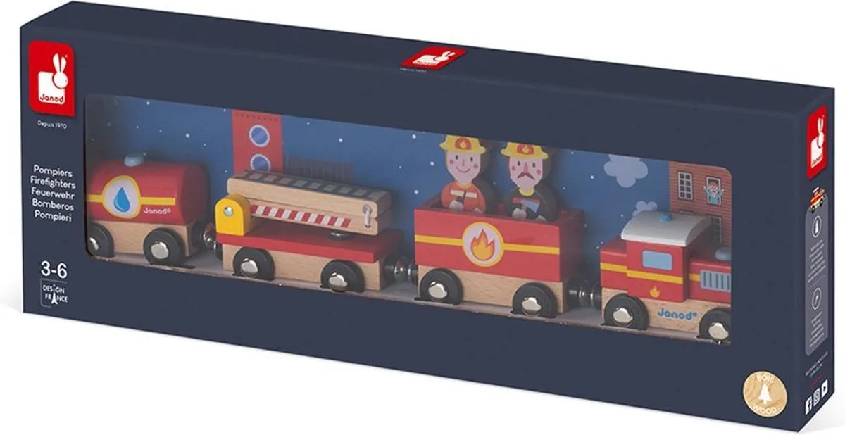 Janod Story Brandweer Trein 8590 - Magnetisch - 4 Auto's + 2 Mannen