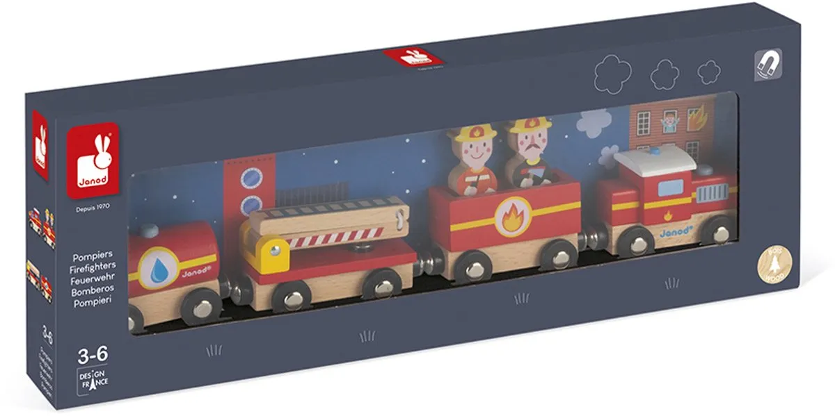 Janod Story Brandweer Trein 8590 - Magnetisch - 4 Auto's + 2 Mannen - afbeelding 6 van 6