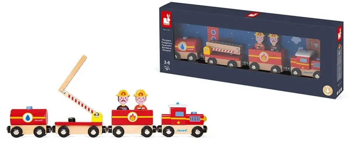 Janod Story Brandweer Trein 8590 - Magnetisch - 4 Auto's + 2 Mannen