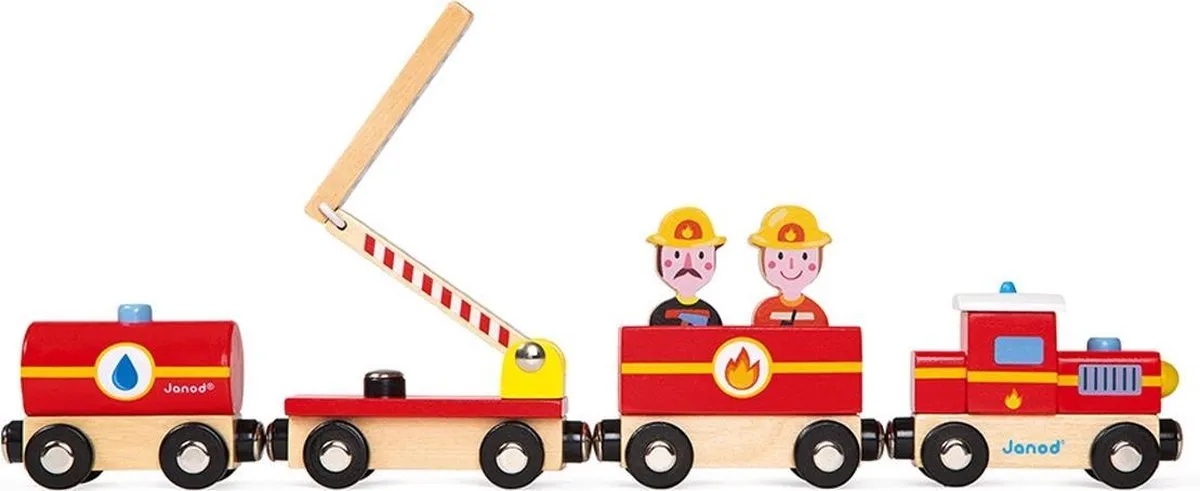 Janod Story Brandweer Trein 8590 - Magnetisch - 4 Auto's + 2 Mannen
