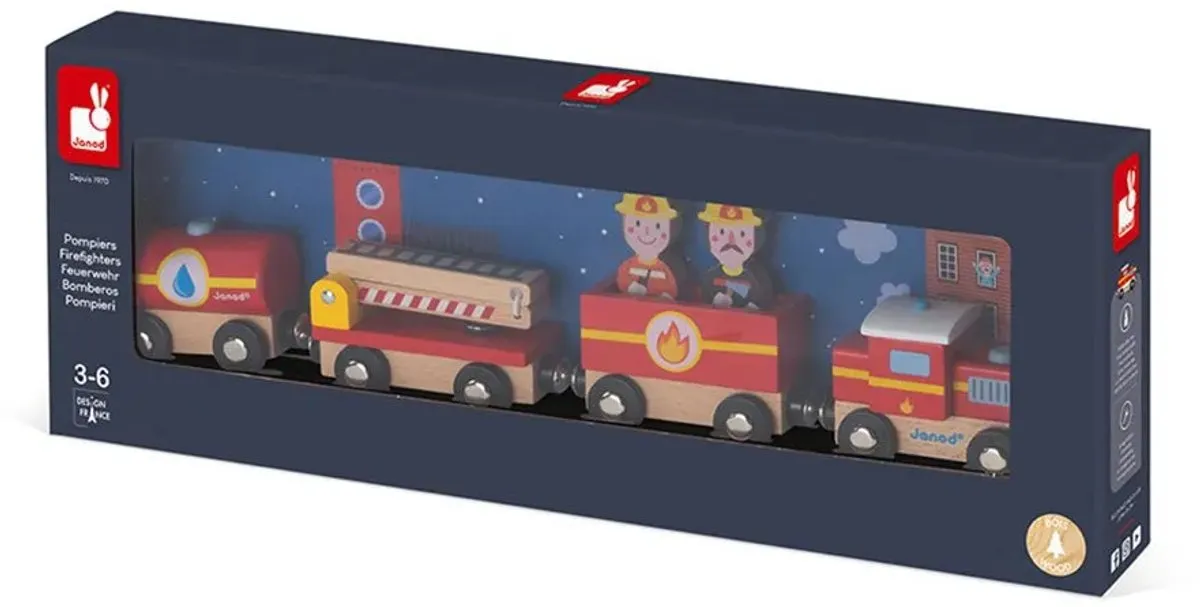 Janod Story Brandweer Trein 8590 - Magnetisch - 4 Auto's + 2 Mannen