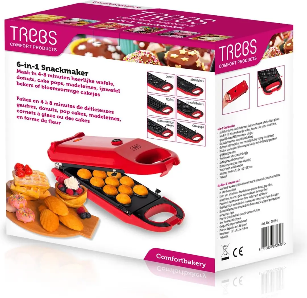 Trebs Snackmaker 99356 - 6-in-1 Wafelijzer Rood - afbeelding 5 van 6