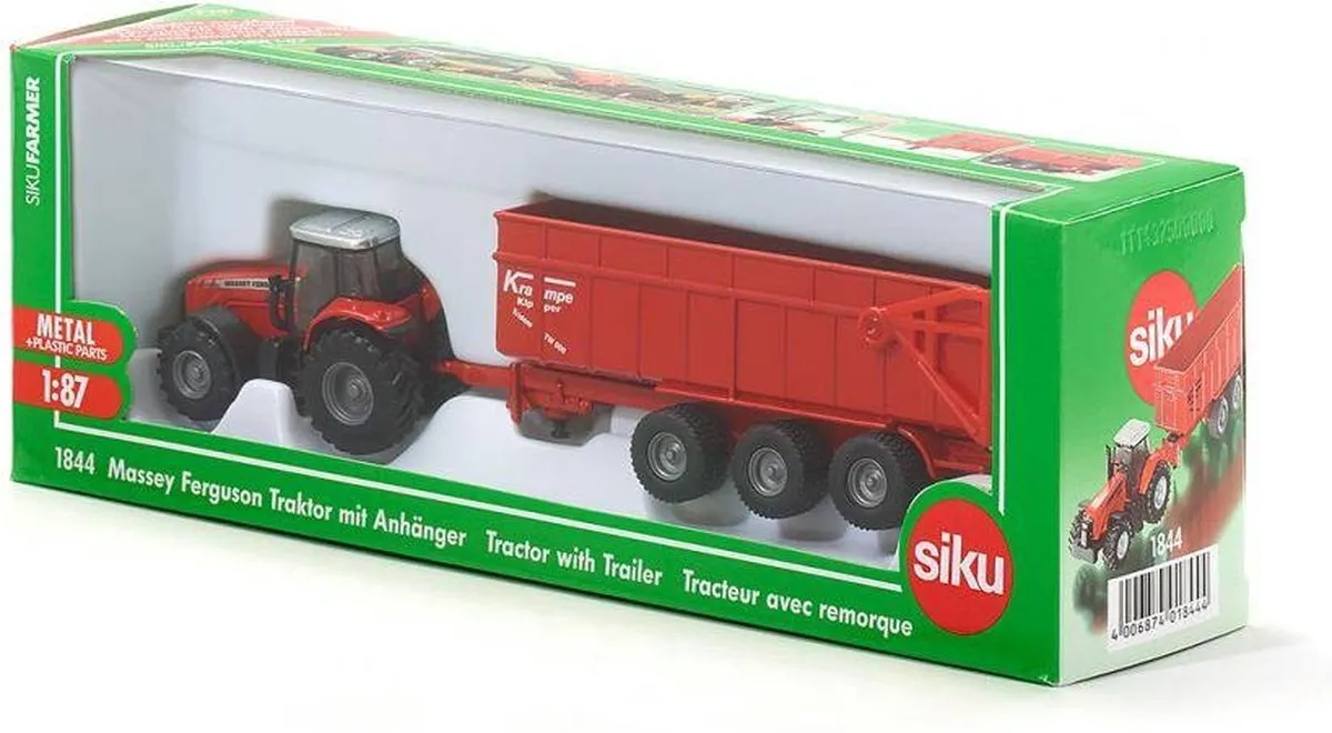 SIKU 1844 Massey Ferguson Tractor met Kantelbare Aanhangwagen - 1:87 - Rood