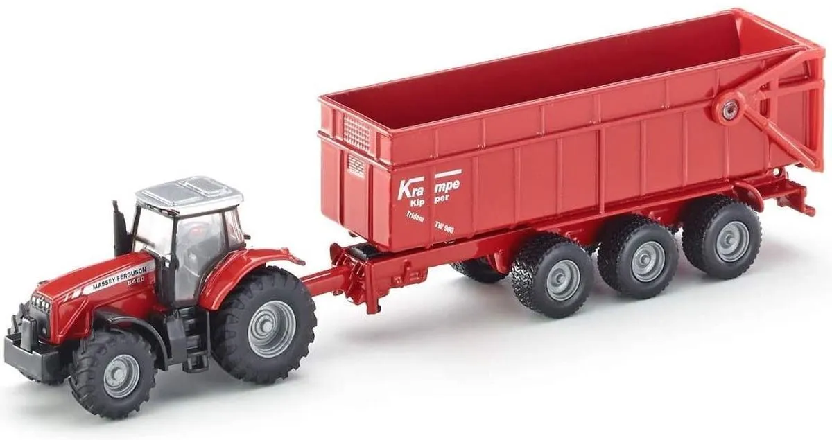 SIKU 1844 Massey Ferguson Tractor met Kantelbare Aanhangwagen - 1:87 - Rood
