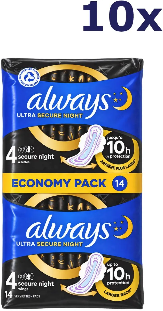 10x Always Ultra Secure Night 14pcs Size 4 Economy Pack maandverband