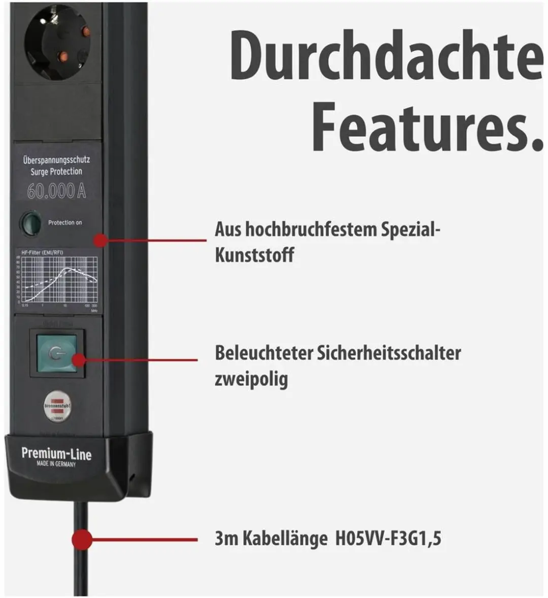 Brennenstuhl Premium-Line 60.000A 6-voudig Stekkerdoos - 3m - Zwart