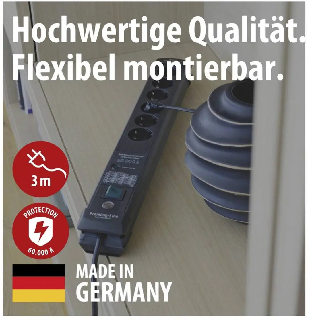 Brennenstuhl Premium-Line 60.000A 6-voudig Stekkerdoos - 3m - Zwart