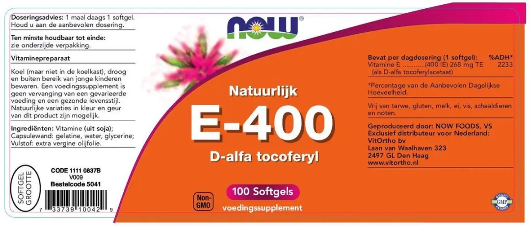 Now Foods Vitamine E 400 IE D-Alpha-Tocoferol 100 Stuks