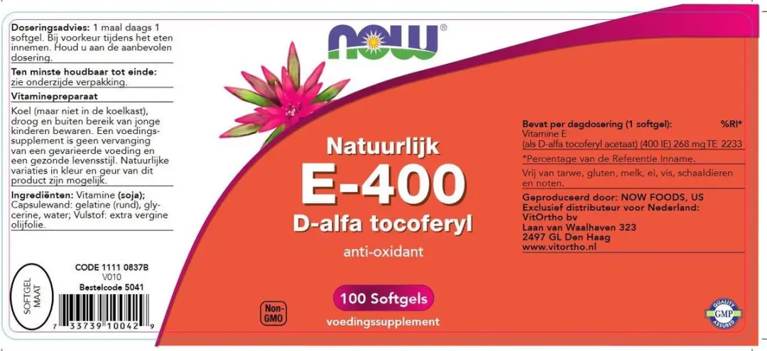 Now Foods Vitamine E 400 IE D-Alpha-Tocoferol 100 Stuks