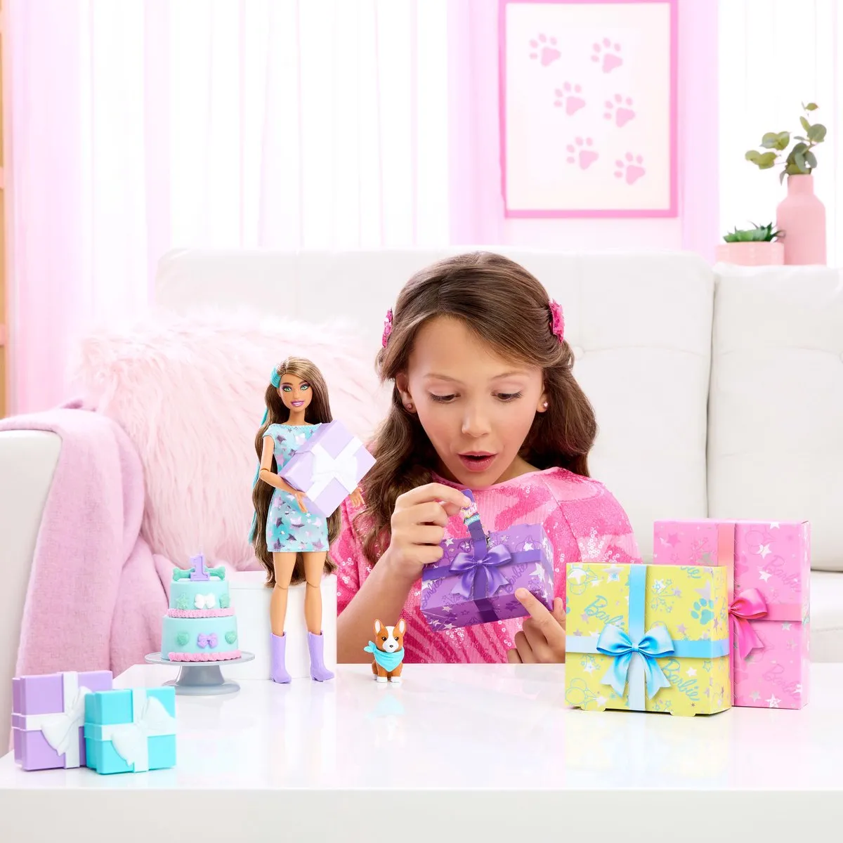 Barbie Uitpakparty Dierenverjaardag Pop - Blauwe Highlights JFG72