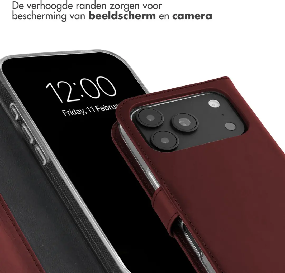 Selencia Hoesje iPhone 17 Pro Max - Echt Lederen Bookcase - 3 Pasjes - Donkerrood