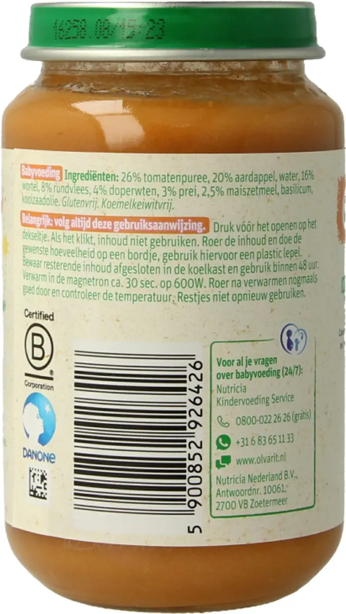 Olvarit Maaltijd Tomaat Rundvlees Aardappel Wortel 200ml - afbeelding 5 van 6