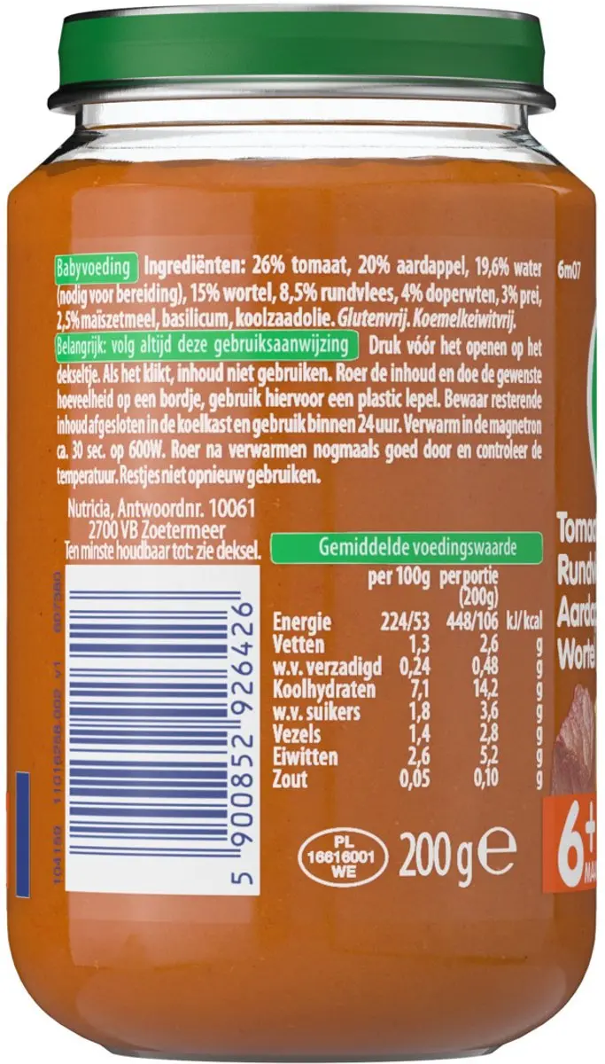 Olvarit Maaltijd Tomaat Rundvlees Aardappel Wortel 200ml - afbeelding 3 van 6
