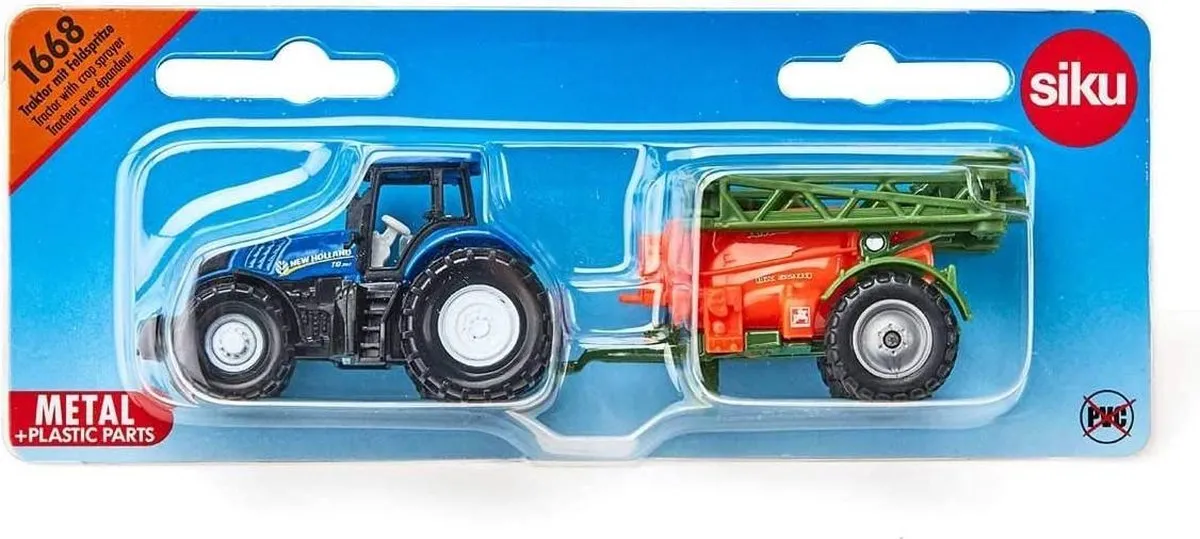 SIKU 1668 New Holland Tractor met Veldspuit - Blauw/Orange/Groen