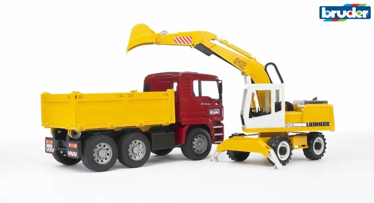 Bruder 2751 MAN Vrachtwagen met Liebherr Kraan - Rood/Geel/Wit