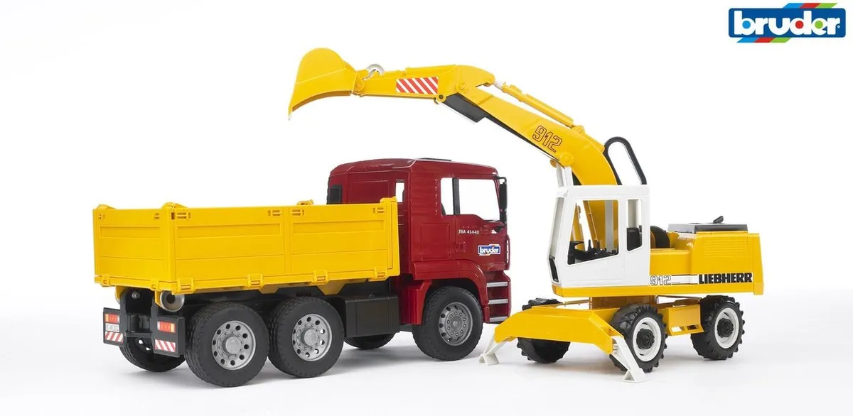 Bruder 2751 MAN Vrachtwagen met Liebherr Kraan - Rood/Geel/Wit