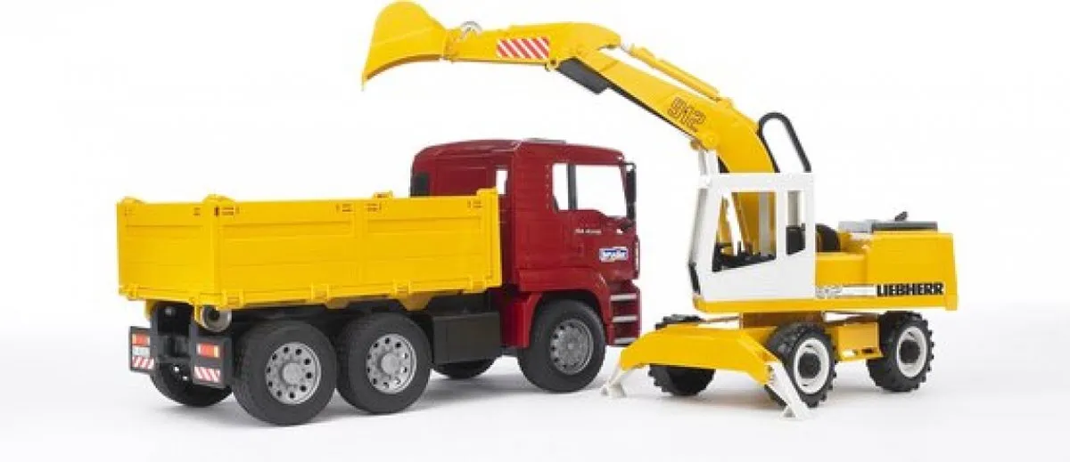 Bruder 2751 MAN Vrachtwagen met Liebherr Kraan - Rood/Geel/Wit