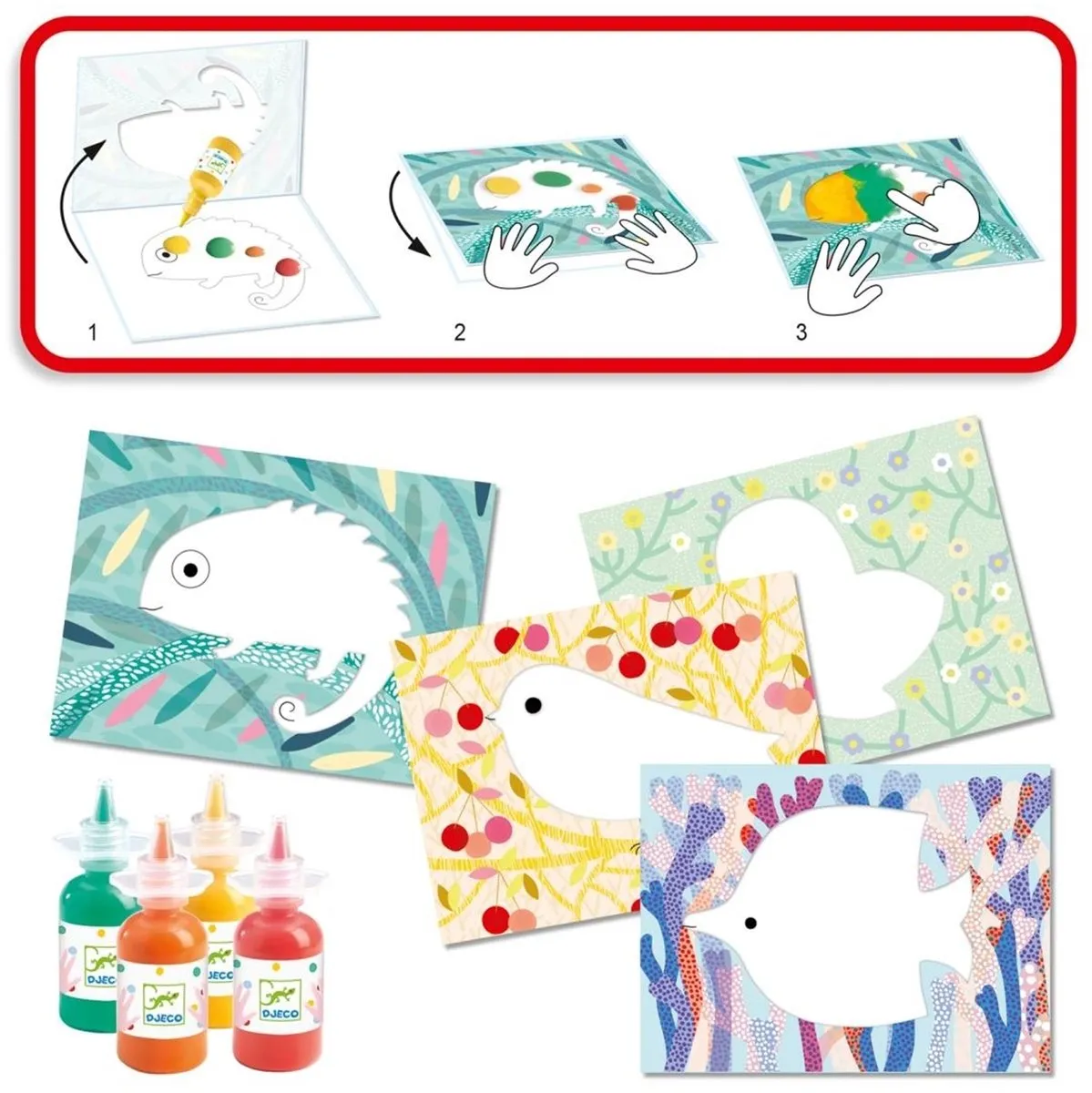 Djeco Creatieve Schilderset - 4 Dierenplaatjes & 4 Verfpotjes - Kleurrijk - afbeelding 4 van 6