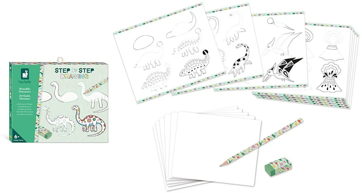 Janod Step by Step Creatief Dino's Tekenen Kit - 20 Modellen