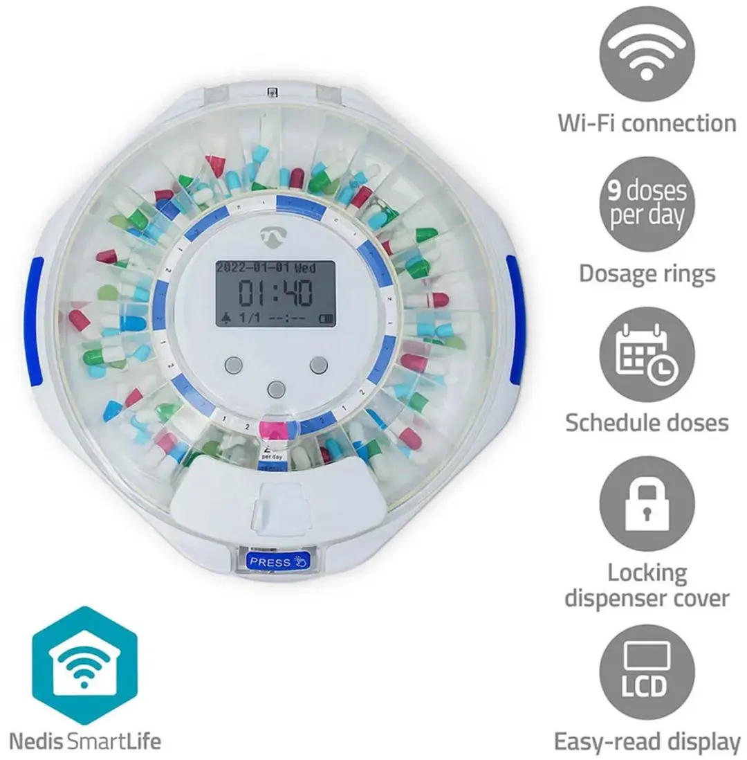 Nedis SmartLife Medicijndispenser Wi-Fi 28 Compartimenten - 9 Alarmtijden - Wit