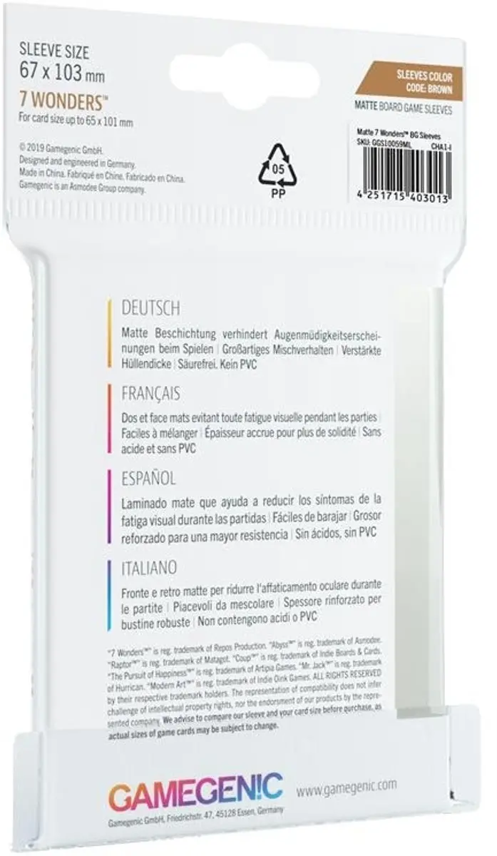 Gamegenic GGS10059 Board Game Sleeves 80ST - 67x103mm - Matbruin