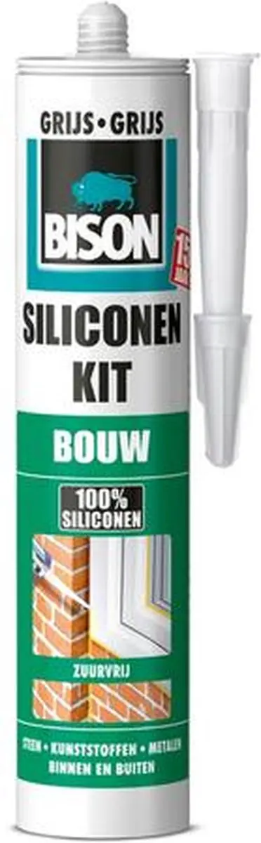 Bison Siliconenkit Bouw grijs koker 300 ml blijvend elastisch, waterbestendig, a
