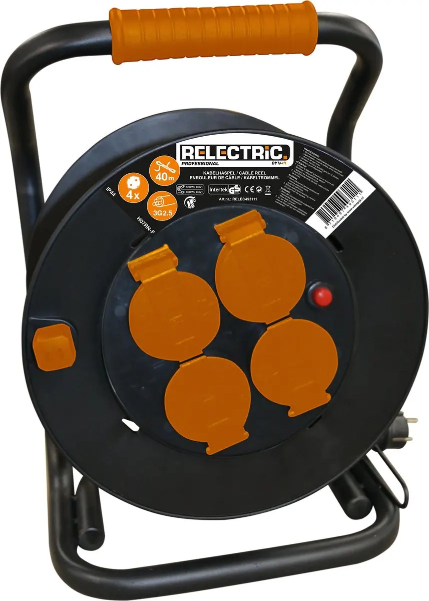 Relectric Pro Kabelhaspel 50m - 4 Stopcontacten - IP44 - Zwart
