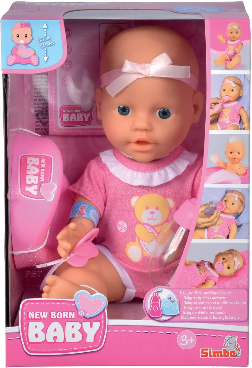 Simba New Born Baby Drink & Plas Pop 30cm - Roze - afbeelding 2 van 6
