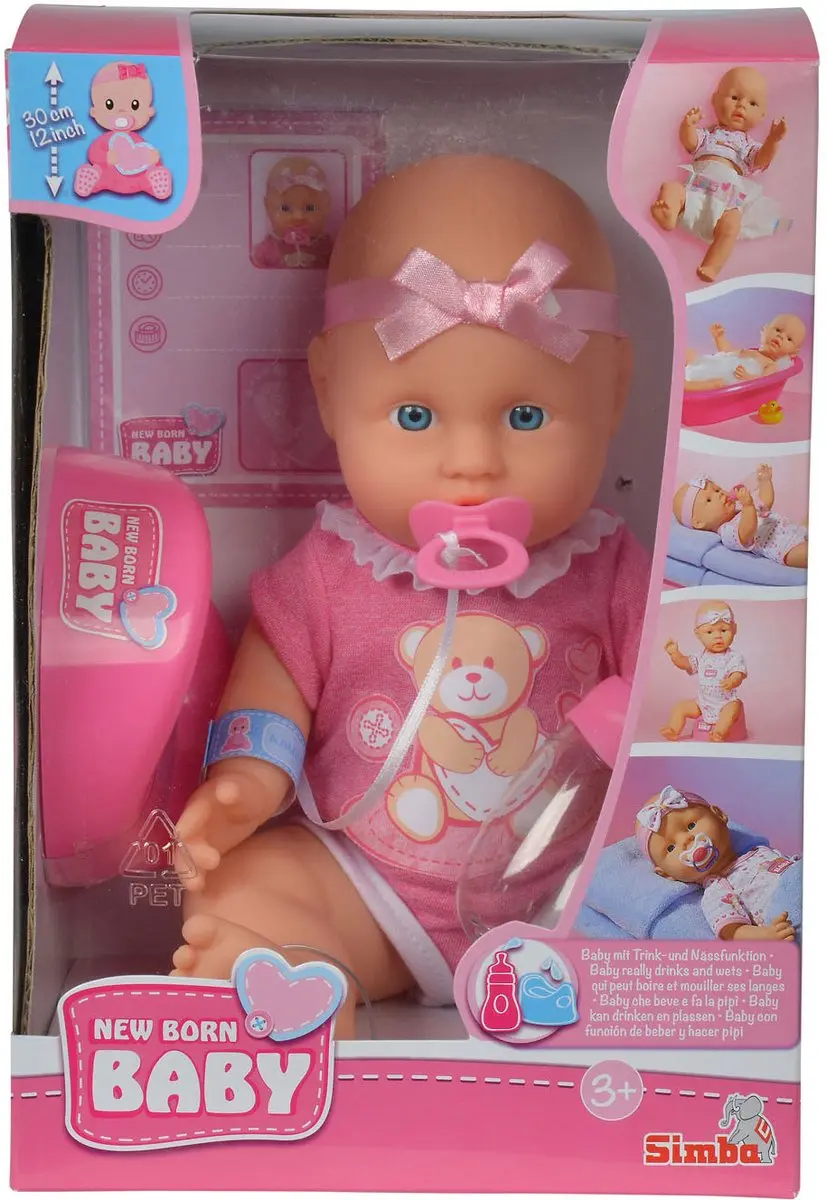 Simba New Born Baby Drink & Plas Pop 30cm - Roze - afbeelding 4 van 6