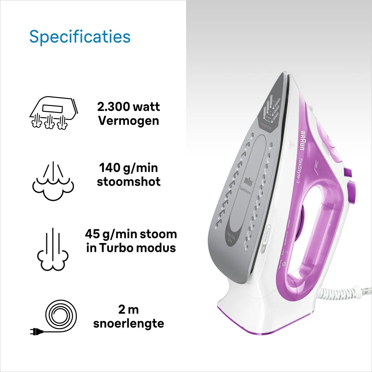 Braun TexStyle 3 SI3030PU Stoomstrijkijzer - 2400W - Paars